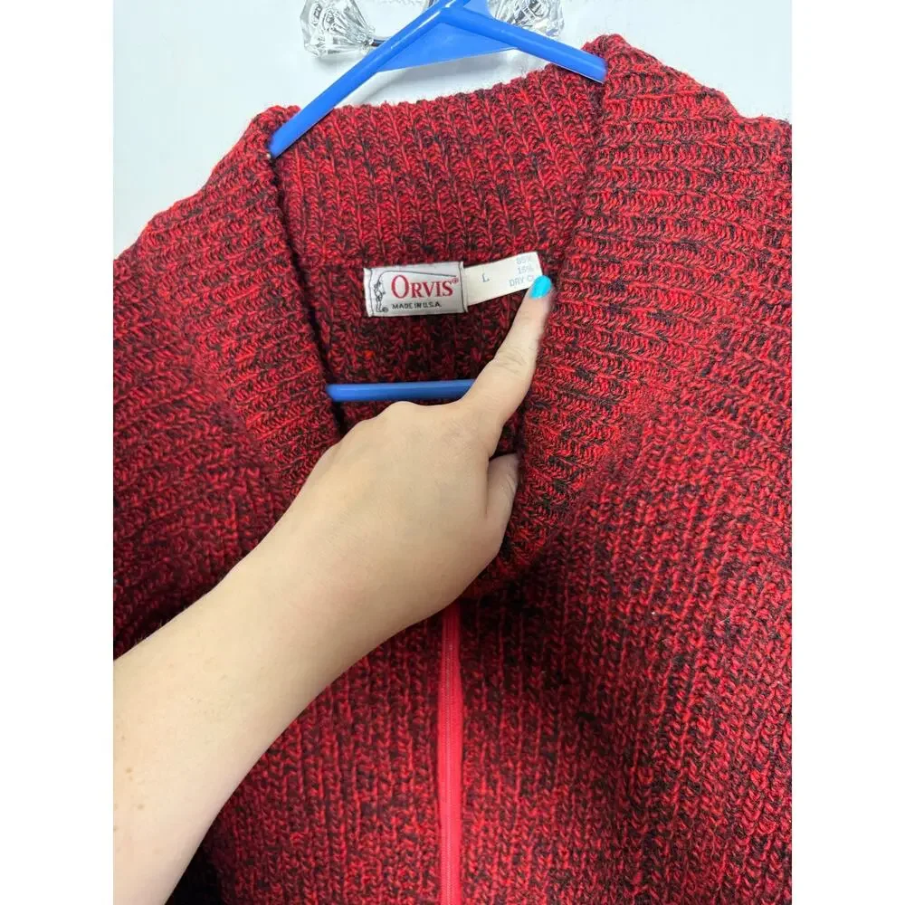 VTG 90s Orvis Mens L Red Marled Knit Zip Cardigan Sweater Elbow Patch Heritage